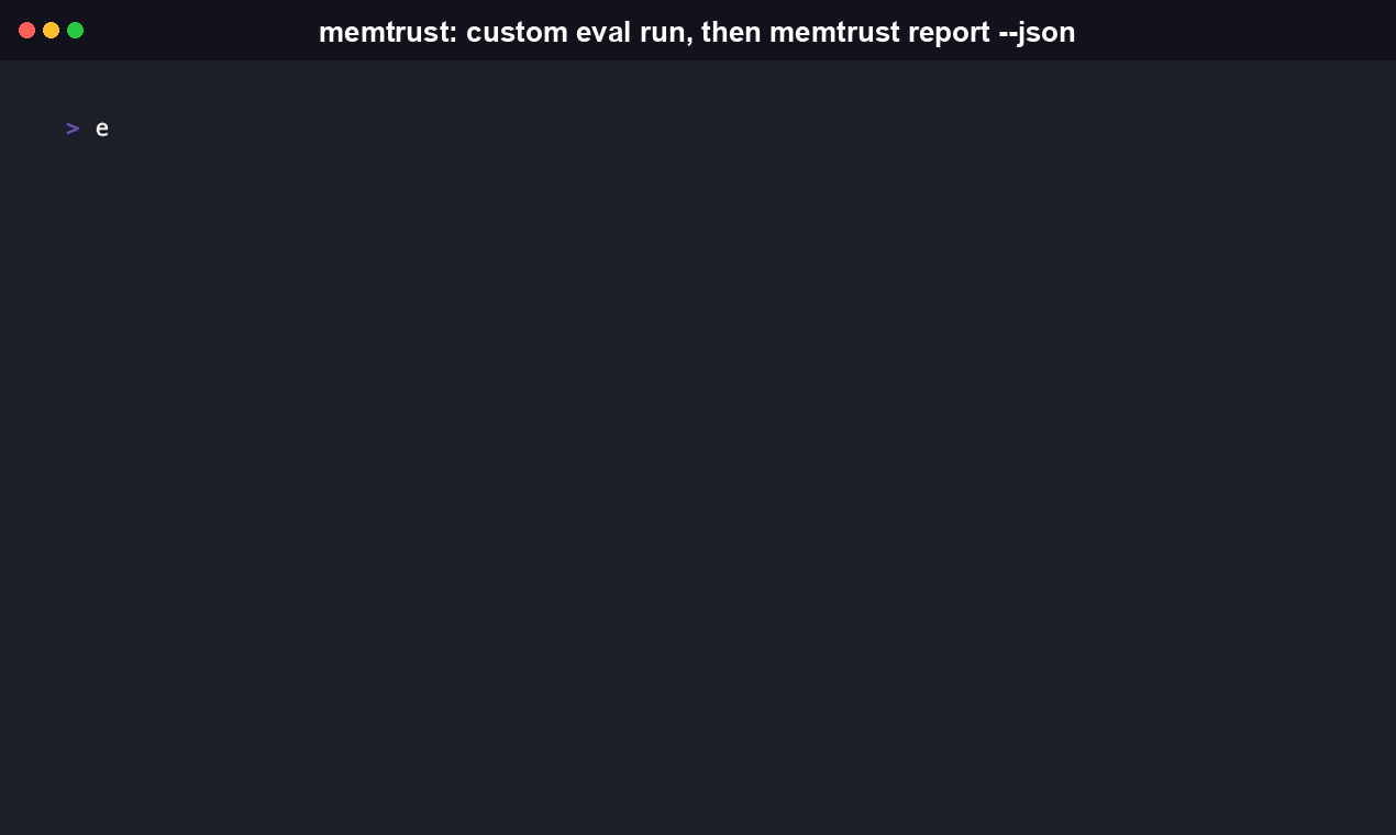 Terminal recording of memtrust keygen generating an Ed25519 keypair, memtrust run --sign producing a signed receipt from a real run, and memtrust verify confirming the receipt's signature is valid.