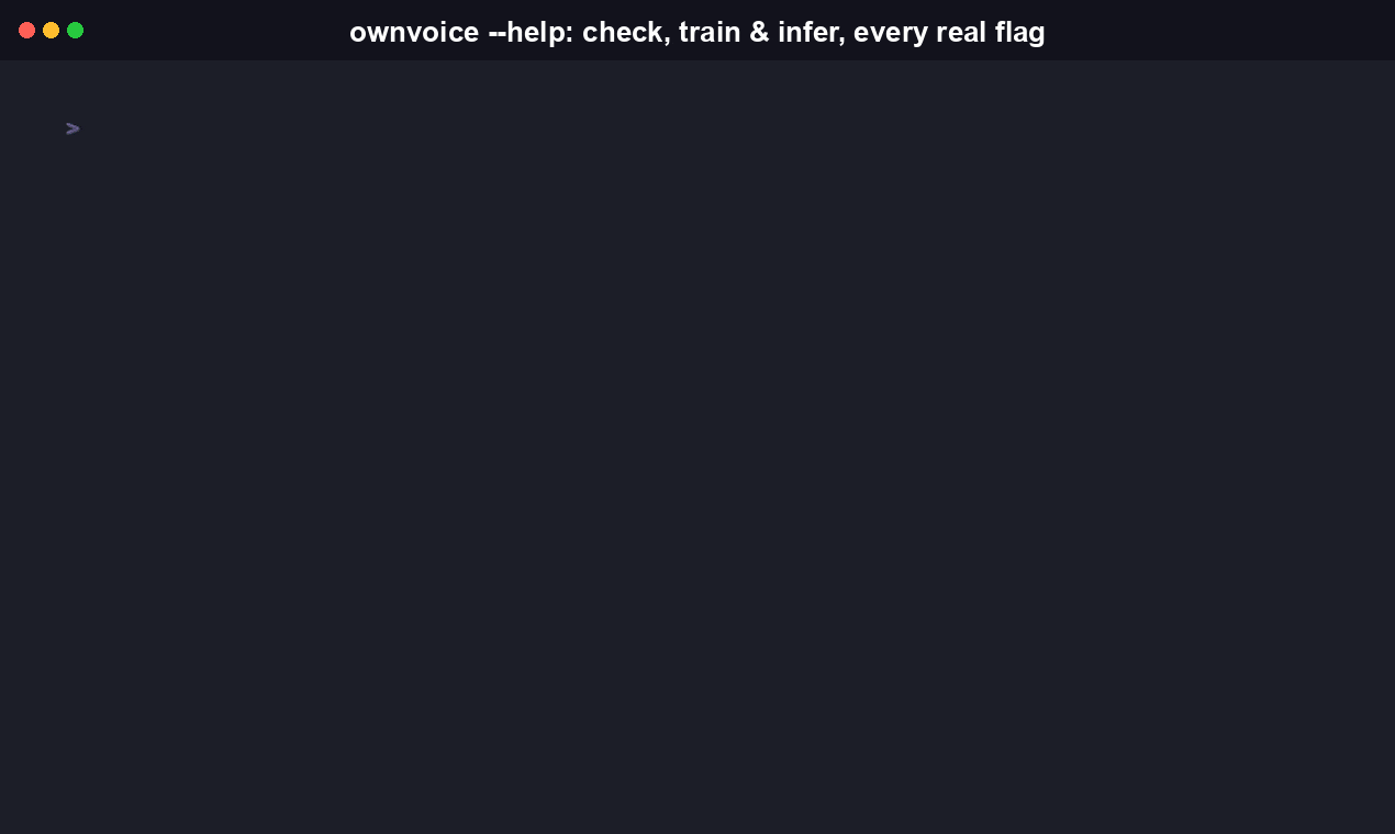 Terminal recording of the full ownvoice CLI reference: --help output for check, train, and infer, showing every real flag and its default value.