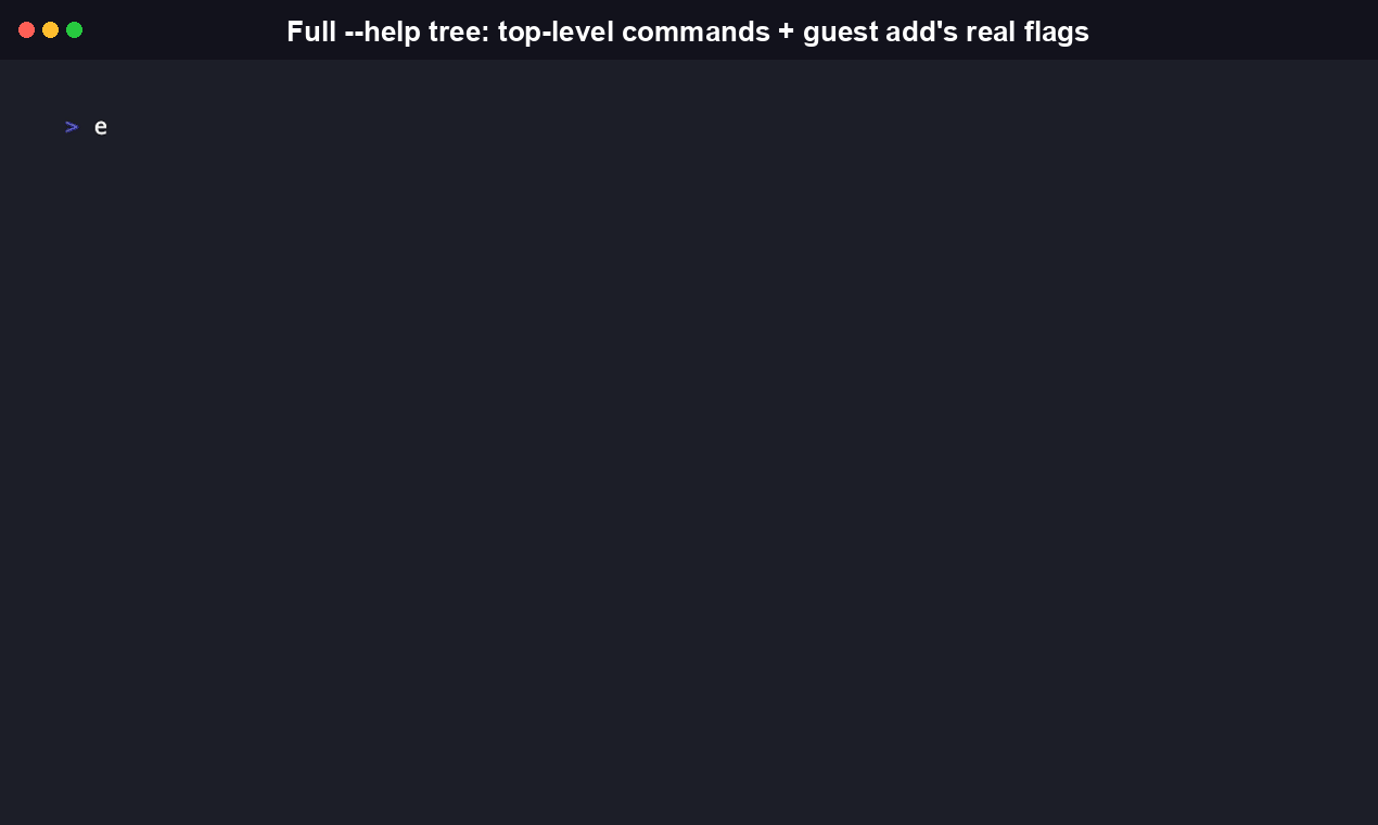 Full podcast-guest-crm-cli --help reference, showing every real subcommand and its flags
