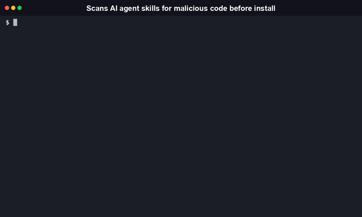 Terminal recording of installing skillguard-cli with npm and running its first scan against examples/known-bad-skill, reporting 11 findings