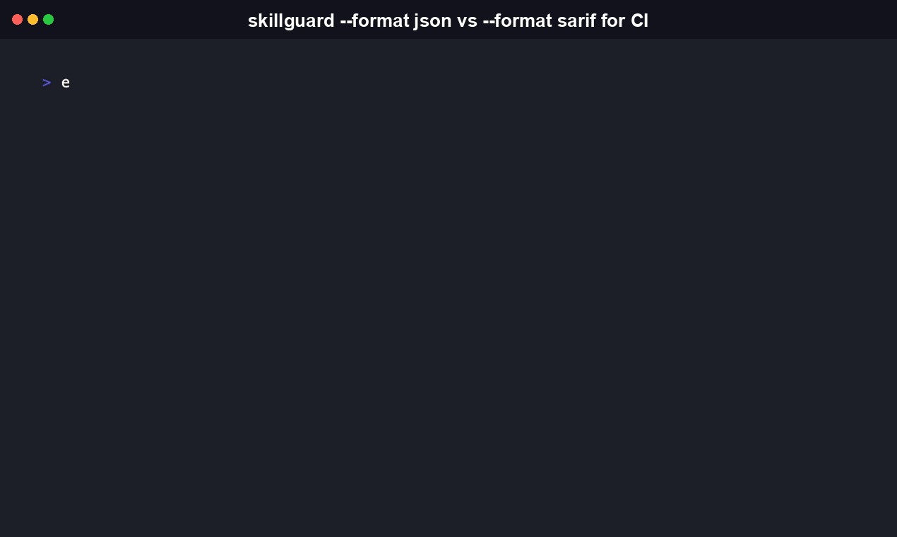 Terminal recording of npx skillguard-cli scan run with --format json, showing the structured JSON findings output a script or agent can parse directly