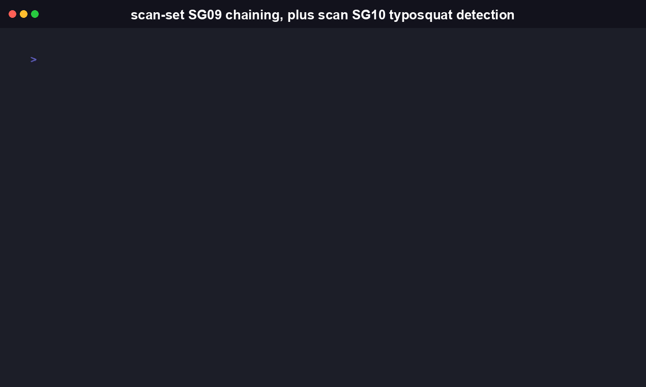 Terminal recording of npx skillguard-cli scan-set run against a two-skill directory, reporting a HIGH SG09 cross-skill-privilege-chaining finding between a filesystem-reading skill and a network-egress skill