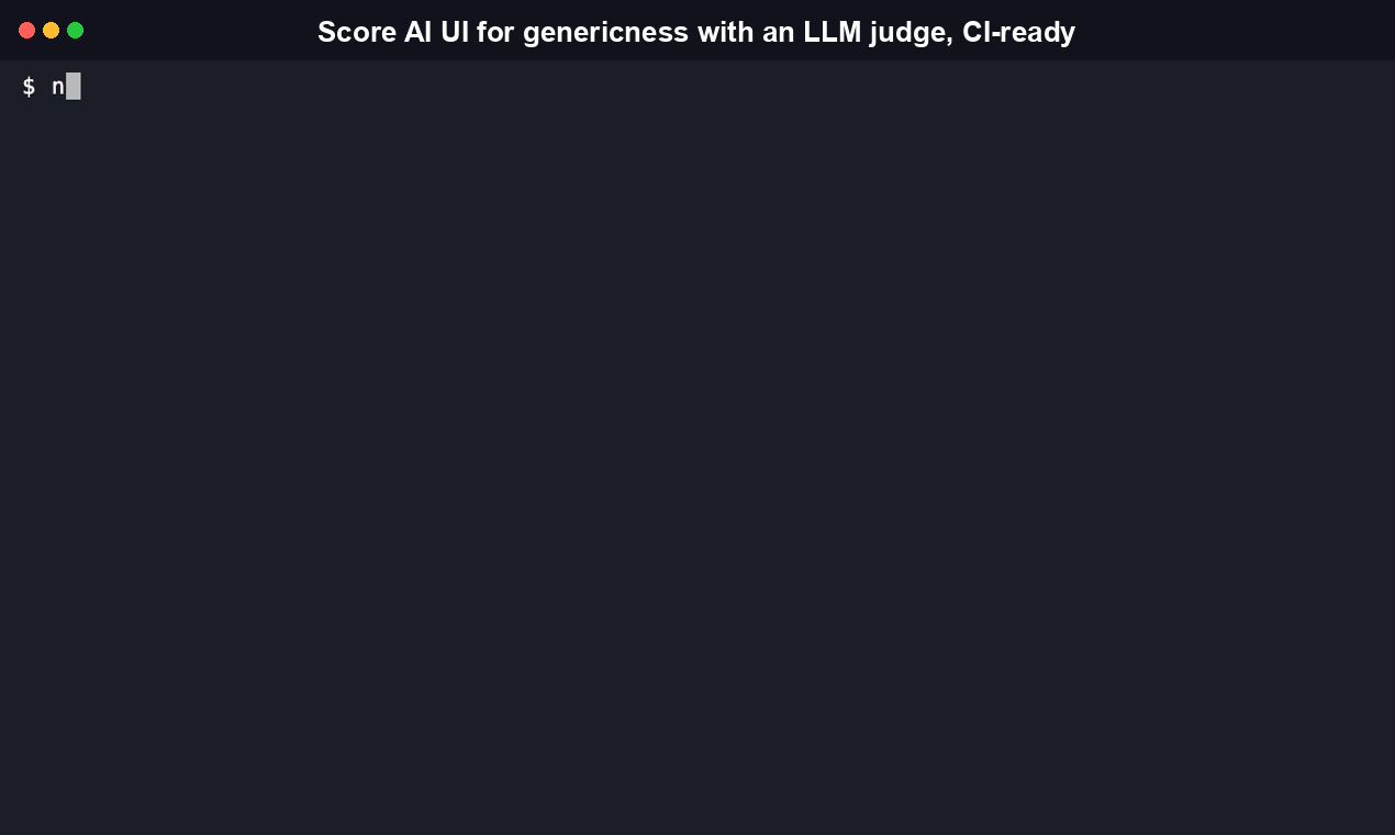 Terminal recording: cloning slop-eval, installing dependencies, building the CLI, running --help, then running a first score without ANTHROPIC_API_KEY set, showing the real fail-fast error message that tells you how to set the key