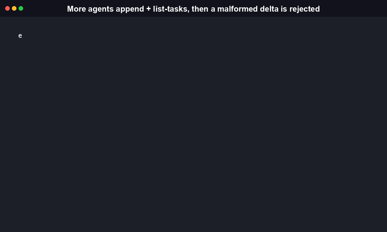 Demo: appending deltas from two more agents, then list-tasks and a --json pull