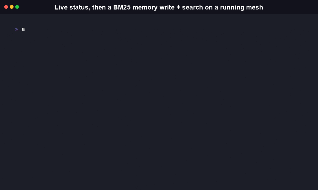 Registering an agent, then swarmmesh status --json and setting/listing context on a running mesh