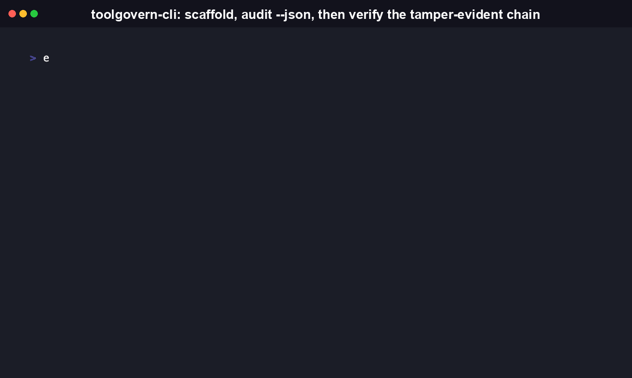 toolgovern-cli scaffolding a LangGraph integration file with init, then auditing the trace log with --json to print a single structured object an agent can parse programmatically