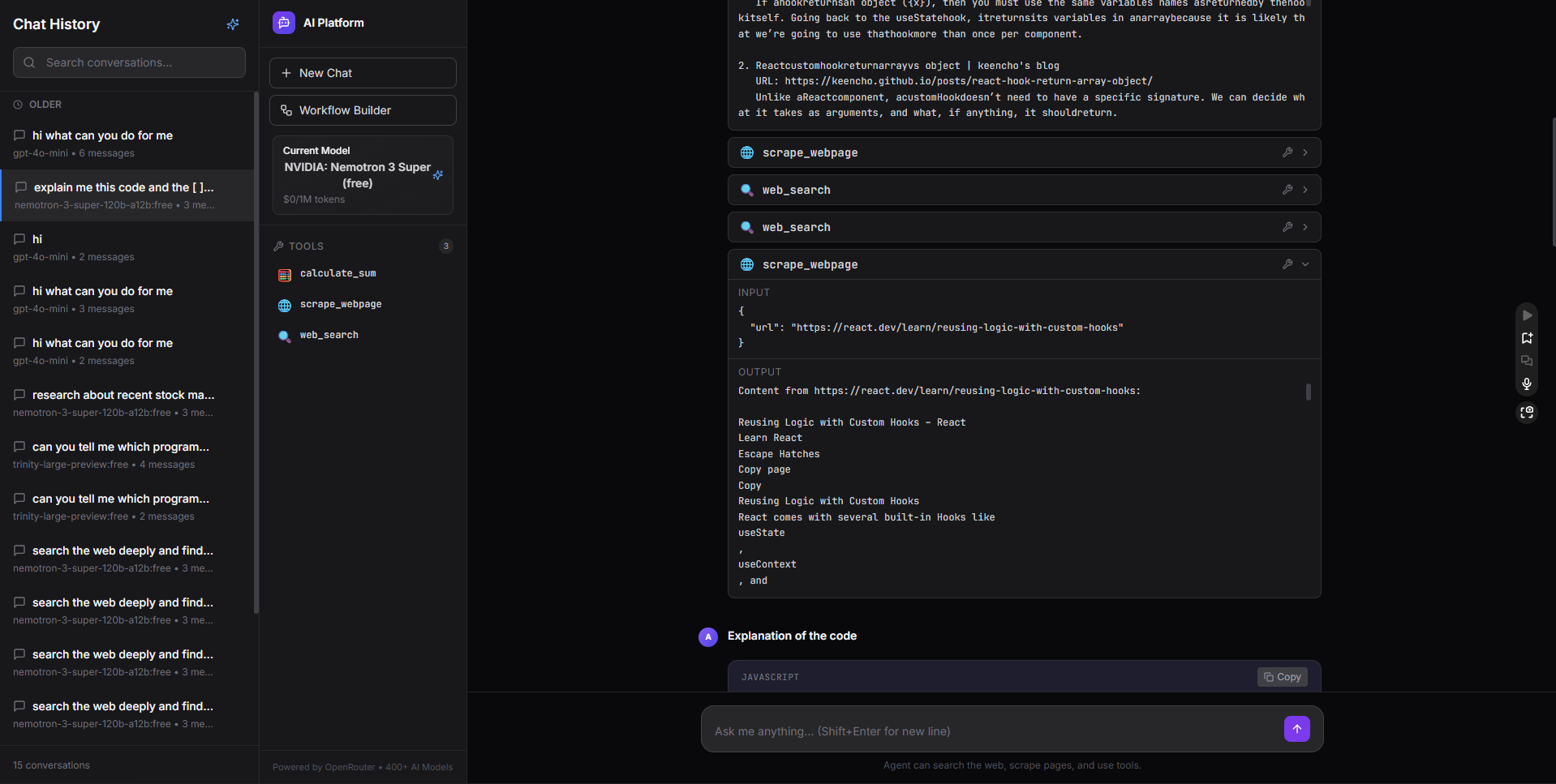 Chat with live tool calls