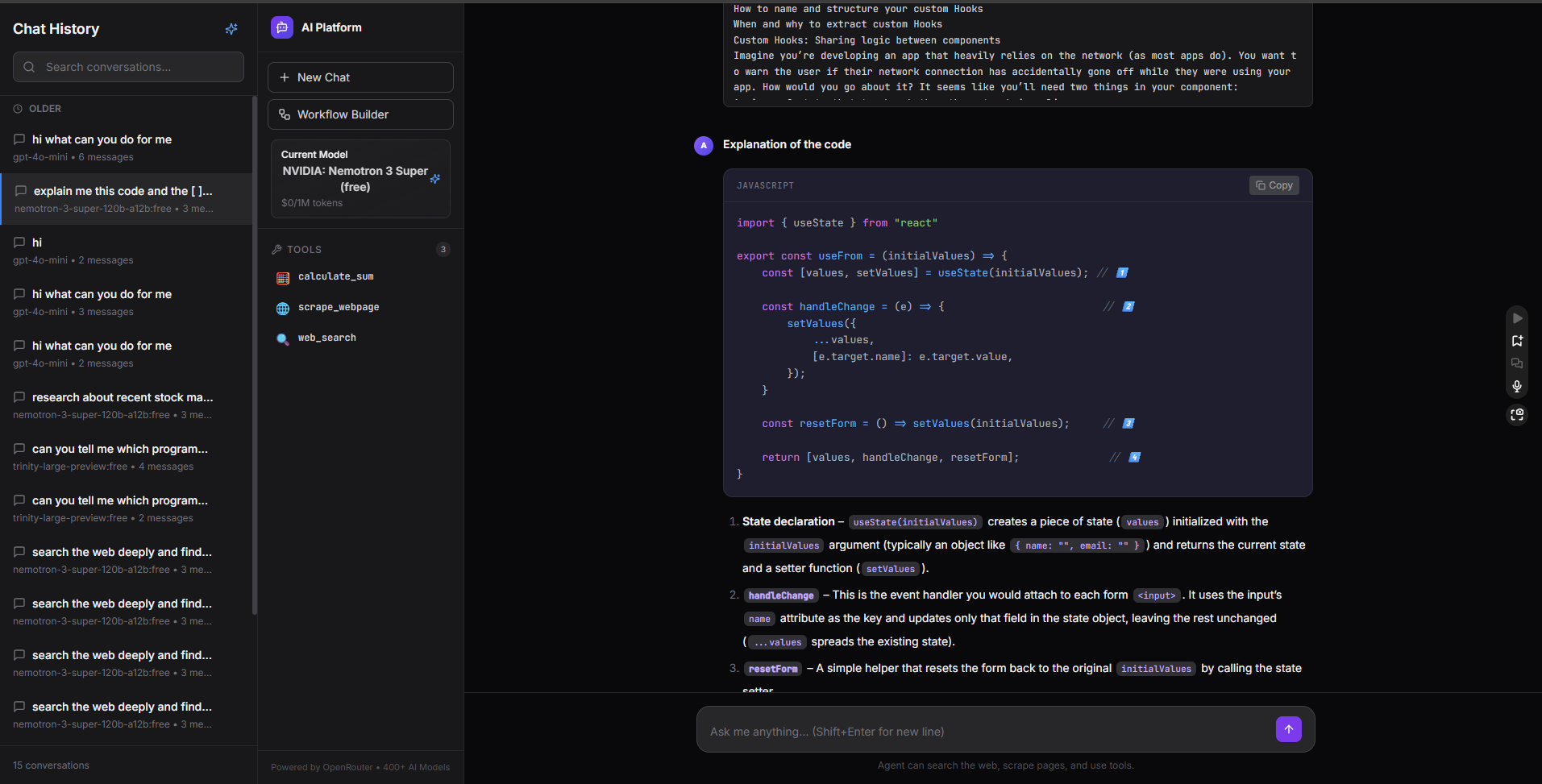 Chat with syntax-highlighted code explanation