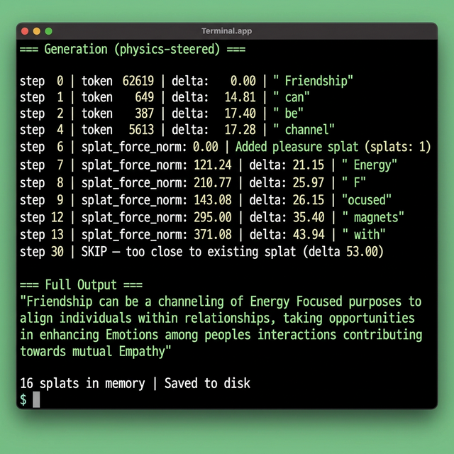 Live generation showing splat forces building and steering tokens