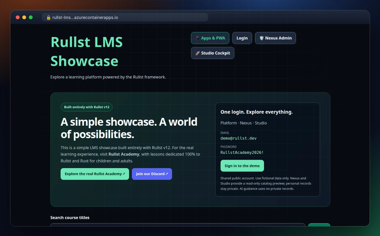 LMS built with Rullst: course catalog and learning platform