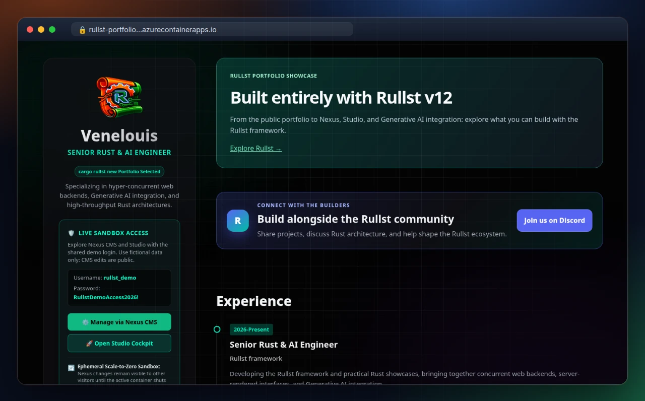 Portfolio built with Rullst: projects, experience, Nexus and Studio