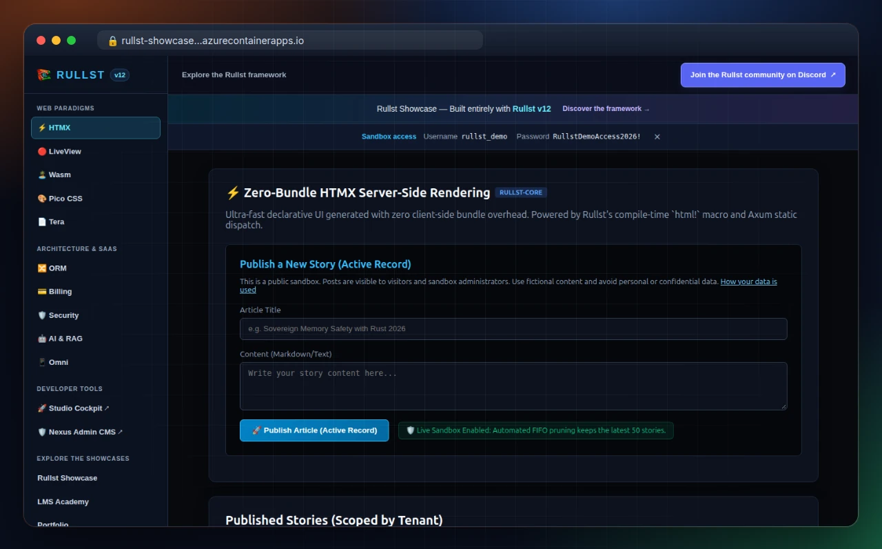 Showcase built with Rullst: SSR, LiveView, Wasm, ORM, billing, security and AI demos