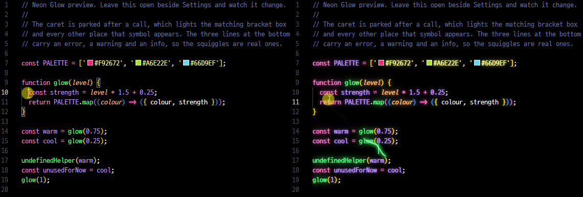 the same editor twice, side by side: plain syntax highlighting on the left, and on the right the same lines with the theme's own colours glowing, the bracket box beside the caret lit, the occurrences of the symbol it is parked on picked out, and three squiggles carrying the theme's diagnostic colours