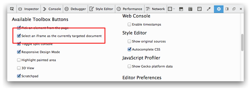 Check "Select an iframe as the currently targeted document" checkbox