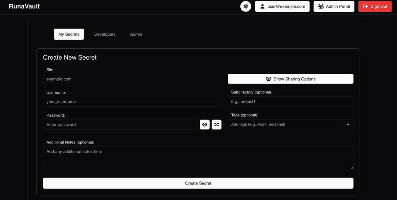 RunaVault Create secret Page