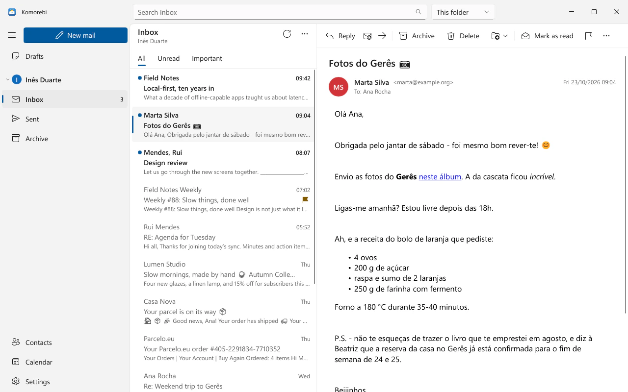 Komorebi showing an inbox with a message open in the reading pane