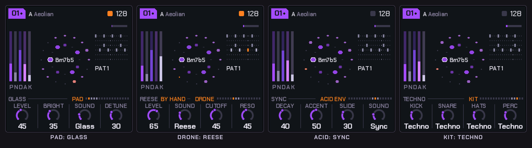 Pad: Glass, Drone: Reese, Acid: Sync, Kit: Techno