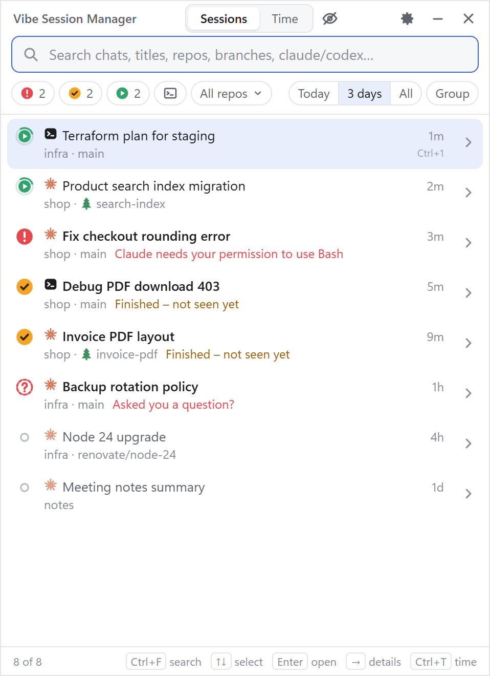 The session list: sessions with a red, green, yellow or grey status light, their repo and branch, and how long ago something happened