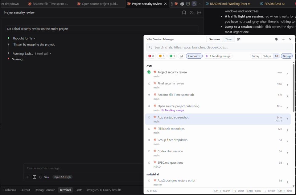 Demo video: the session list on top of VS Code, opening sessions to jump between editor windows