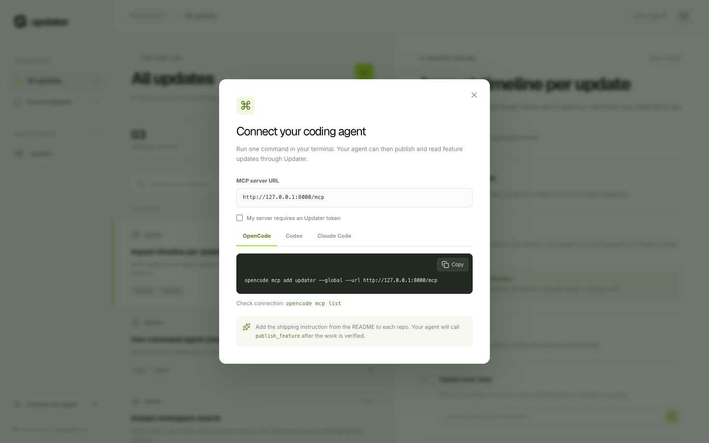 Connect an agent dialog with copyable MCP commands for OpenCode, Codex, and Claude Code