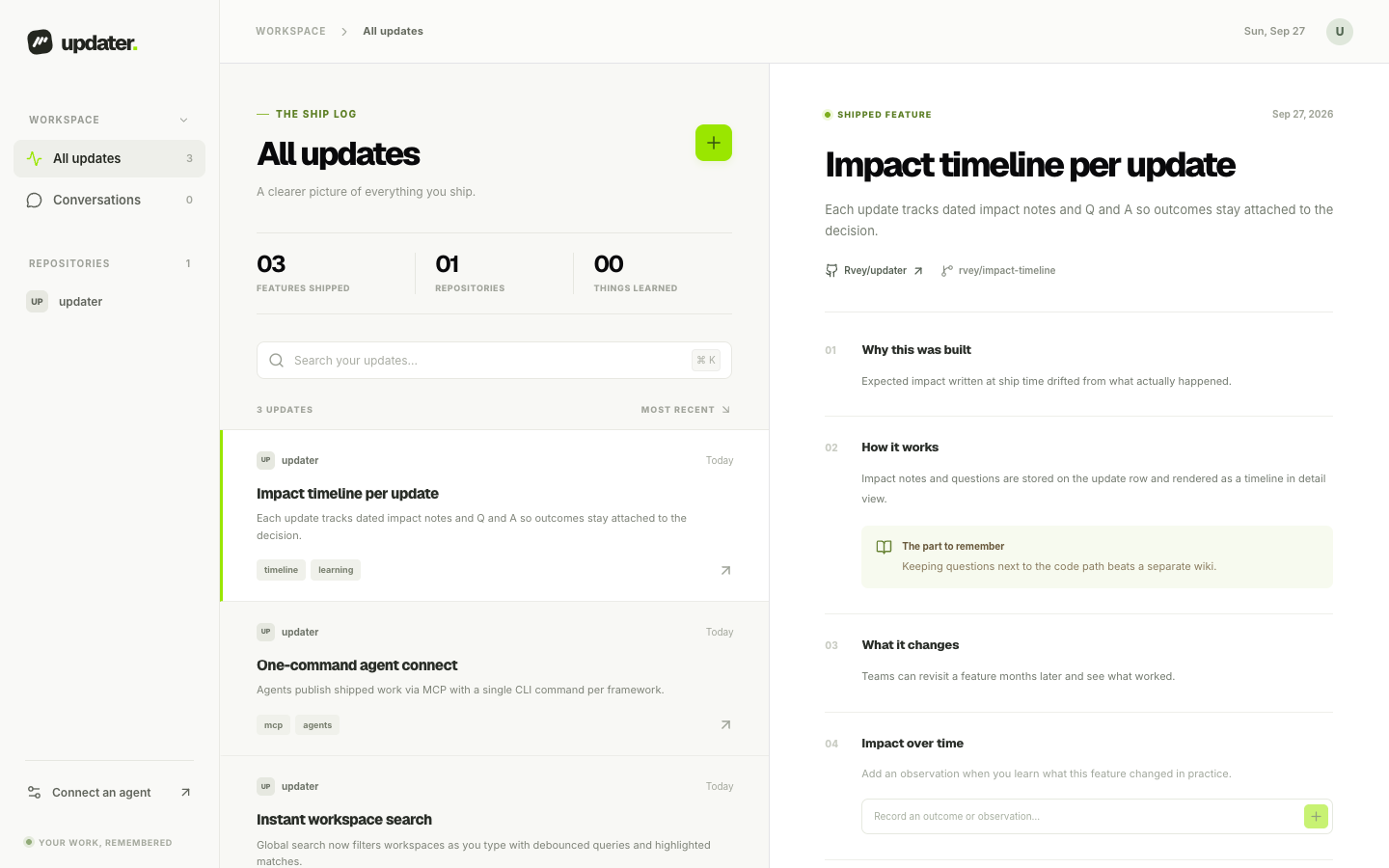 Update detail view with why, how it works, impact, tradeoffs, files, and Q&A