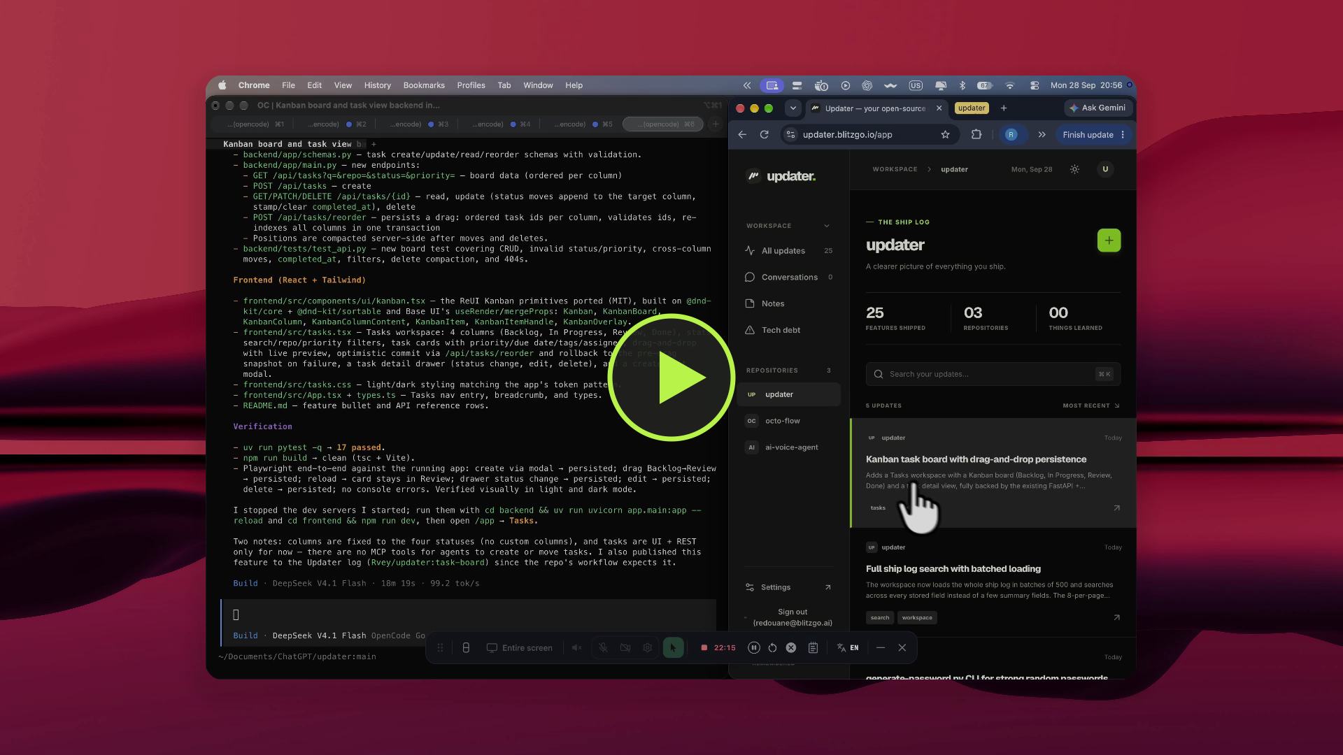 Watch the 29-second demo recording: the agent implements and verifies the Kanban board feature while Updater's ship log picks up the published update, reaching 25 features shipped