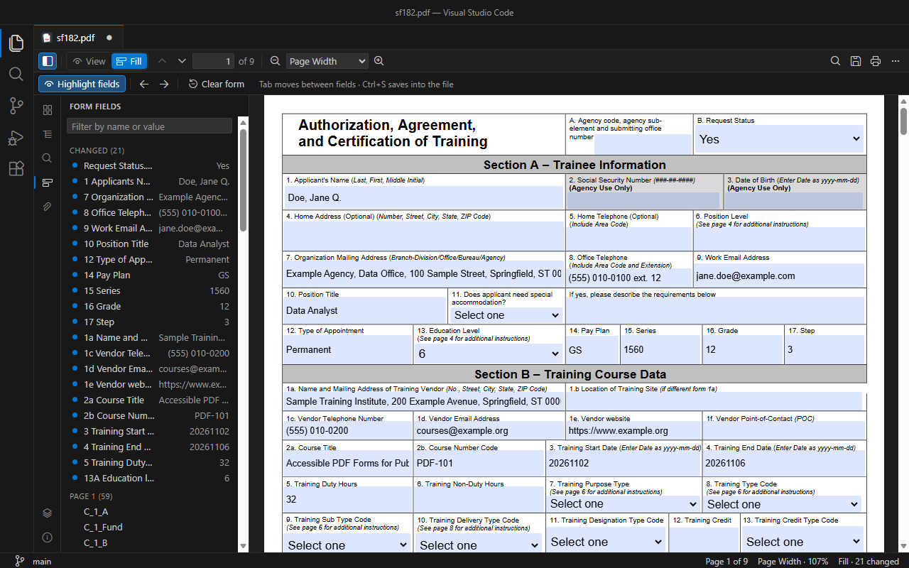 Compilazione di un modulo PDF in VS Code con PDF Tools: campi del modulo nella barra laterale, valori inseriti nel PDF, modifiche non salvate indicate sulla scheda