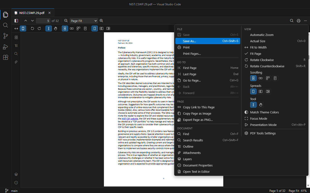 Il menu di PDF Tools in VS Code con le azioni per file, navigazione, pagina, documento, visualizzazione e modulo