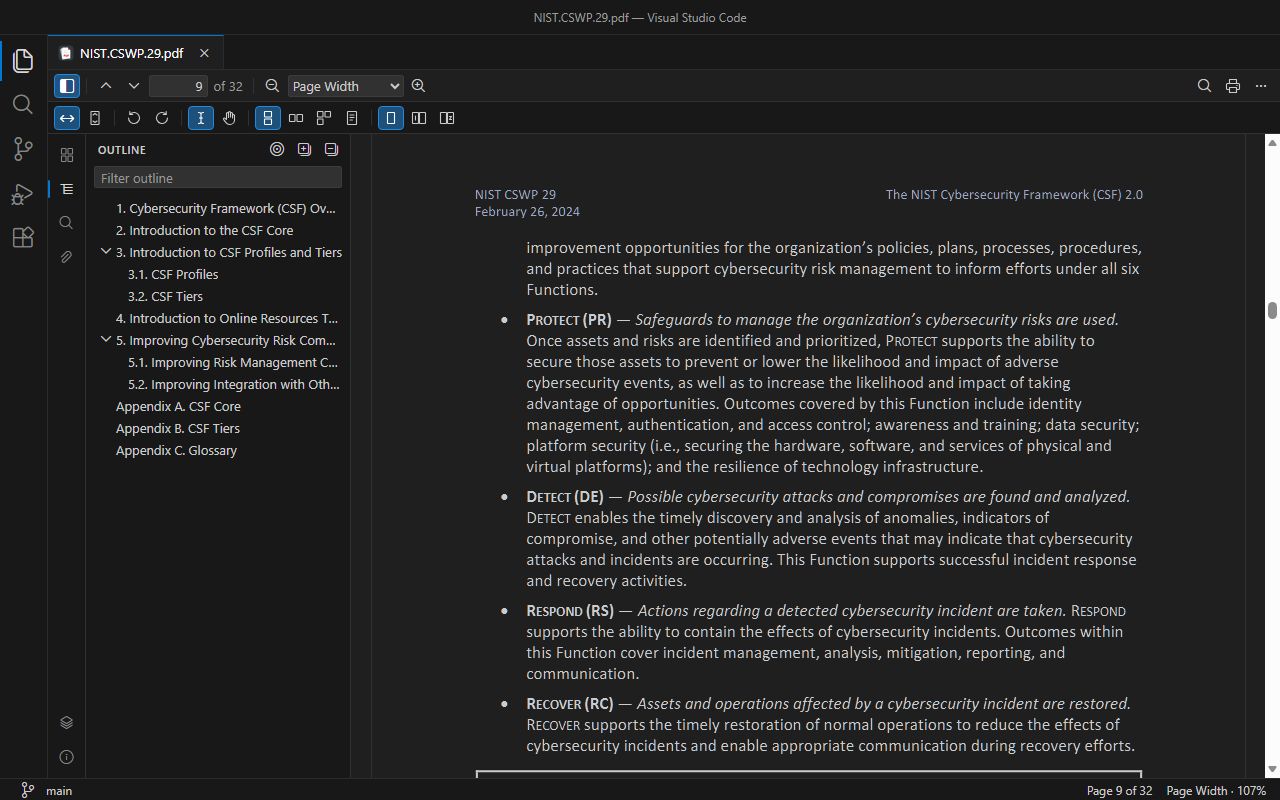 PDF Tools in un tema scuro di VS Code: pannello Struttura nella barra laterale e pagine mostrate con i colori del tema