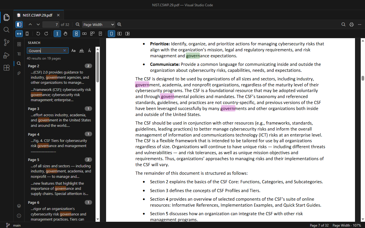 Ricerca in un PDF in VS Code con PDF Tools: ogni risultato con il suo contesto, raggruppato per pagina