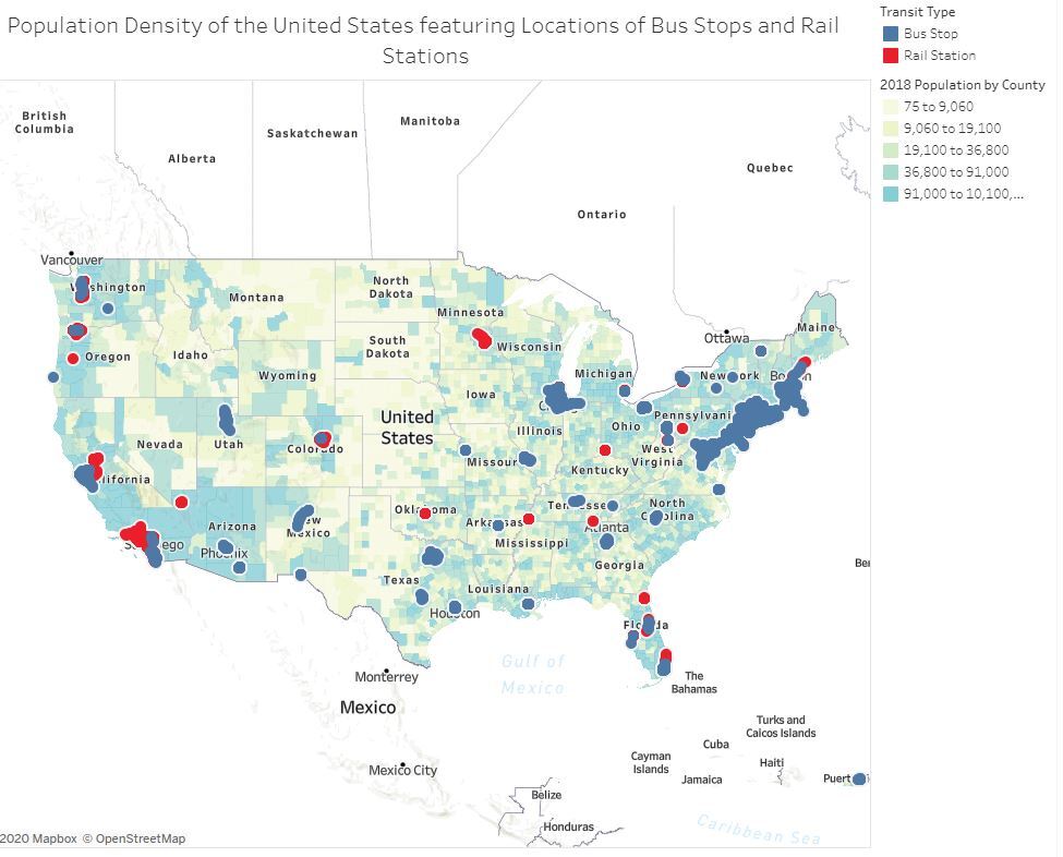 US Map Showing Rail Stops