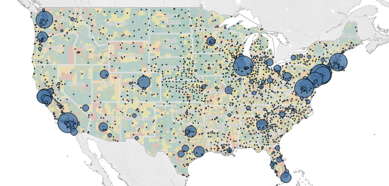 US Map Showing funding by source using circle markers