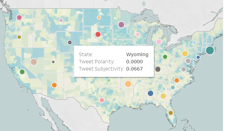 US Map with multicolored dots representing polarity and subjectivity of tweets about public transit with example popup