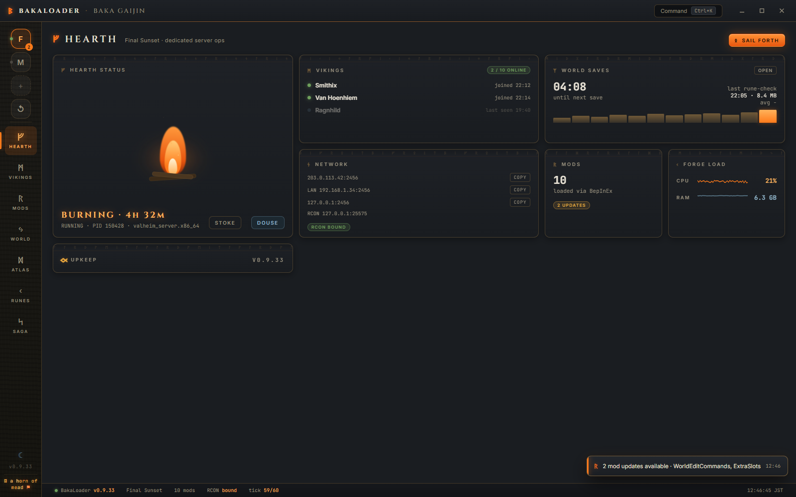 Valheim BakaLoader server manager dashboard — the Hearth