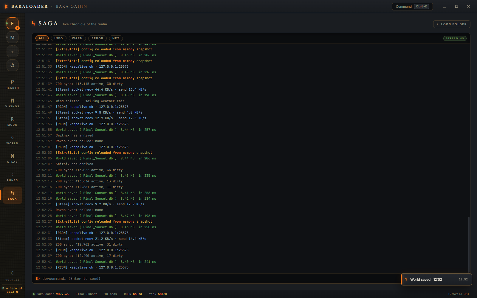 Live Valheim server log with search and level highlighting