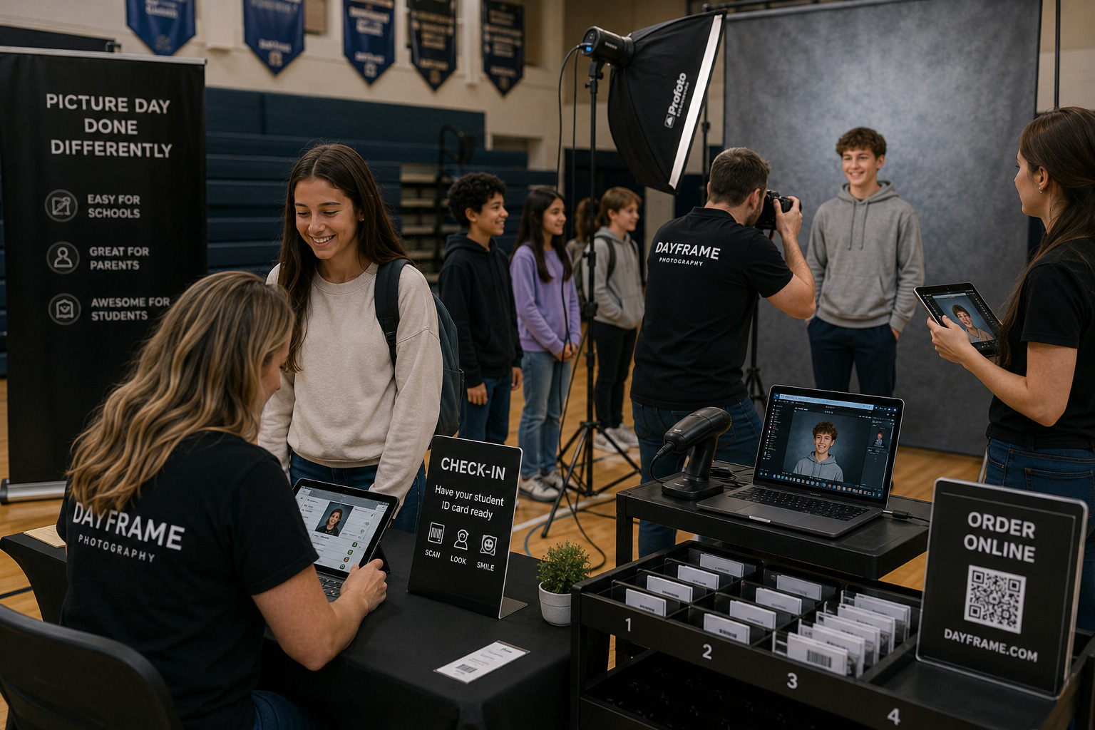 Dayframe setup and check-in area