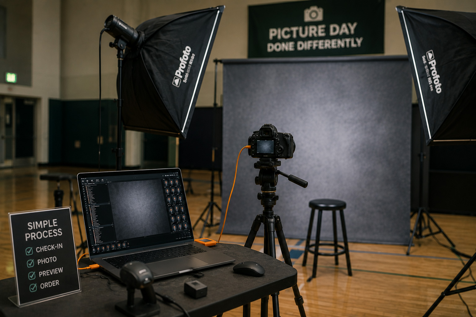 Dayframe school photo day setup with students