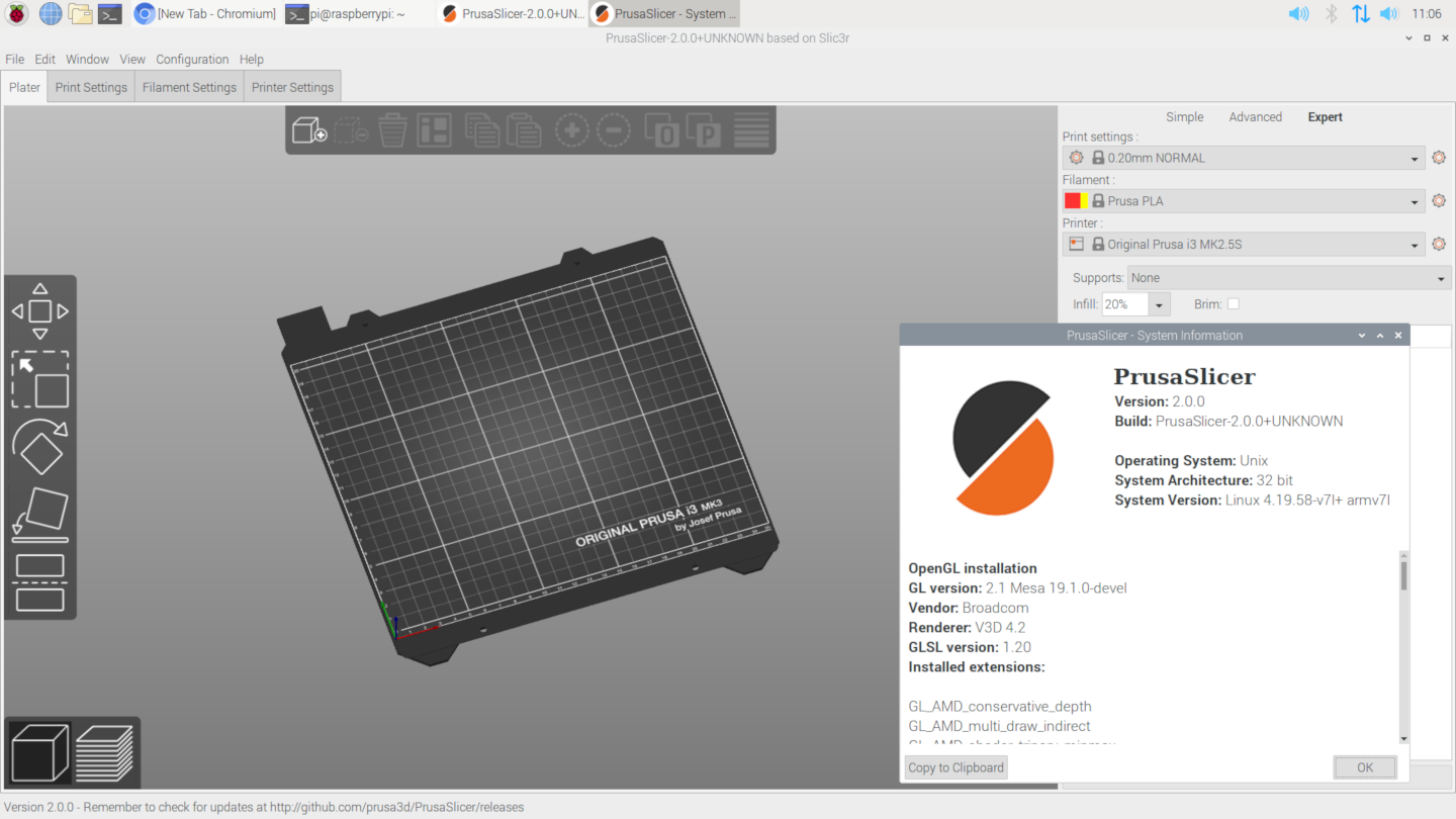 Screenshot showing PrusaSlicer running on a Pi with system details