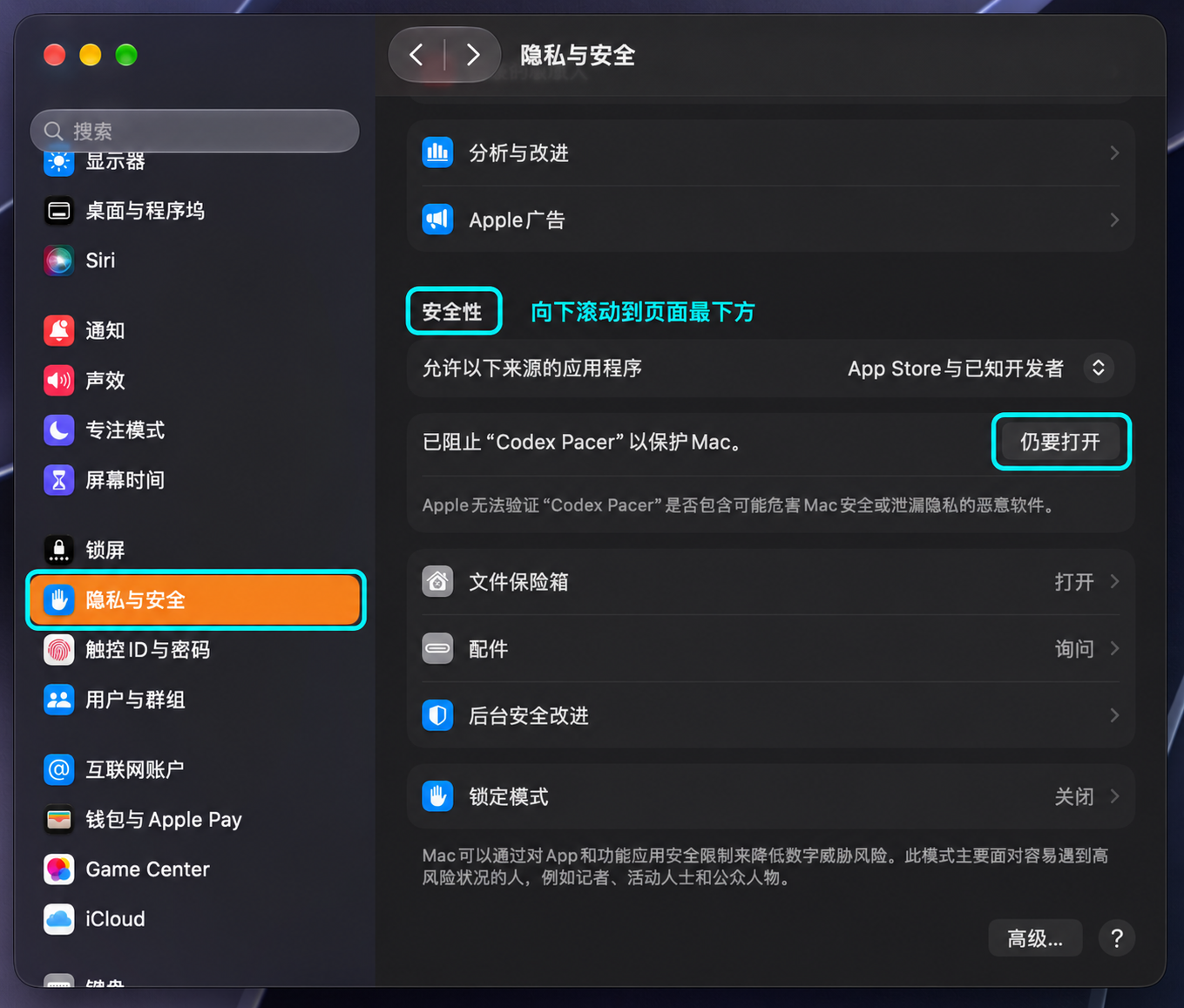 Privacy & Security, the Security section, and the Open Anyway button