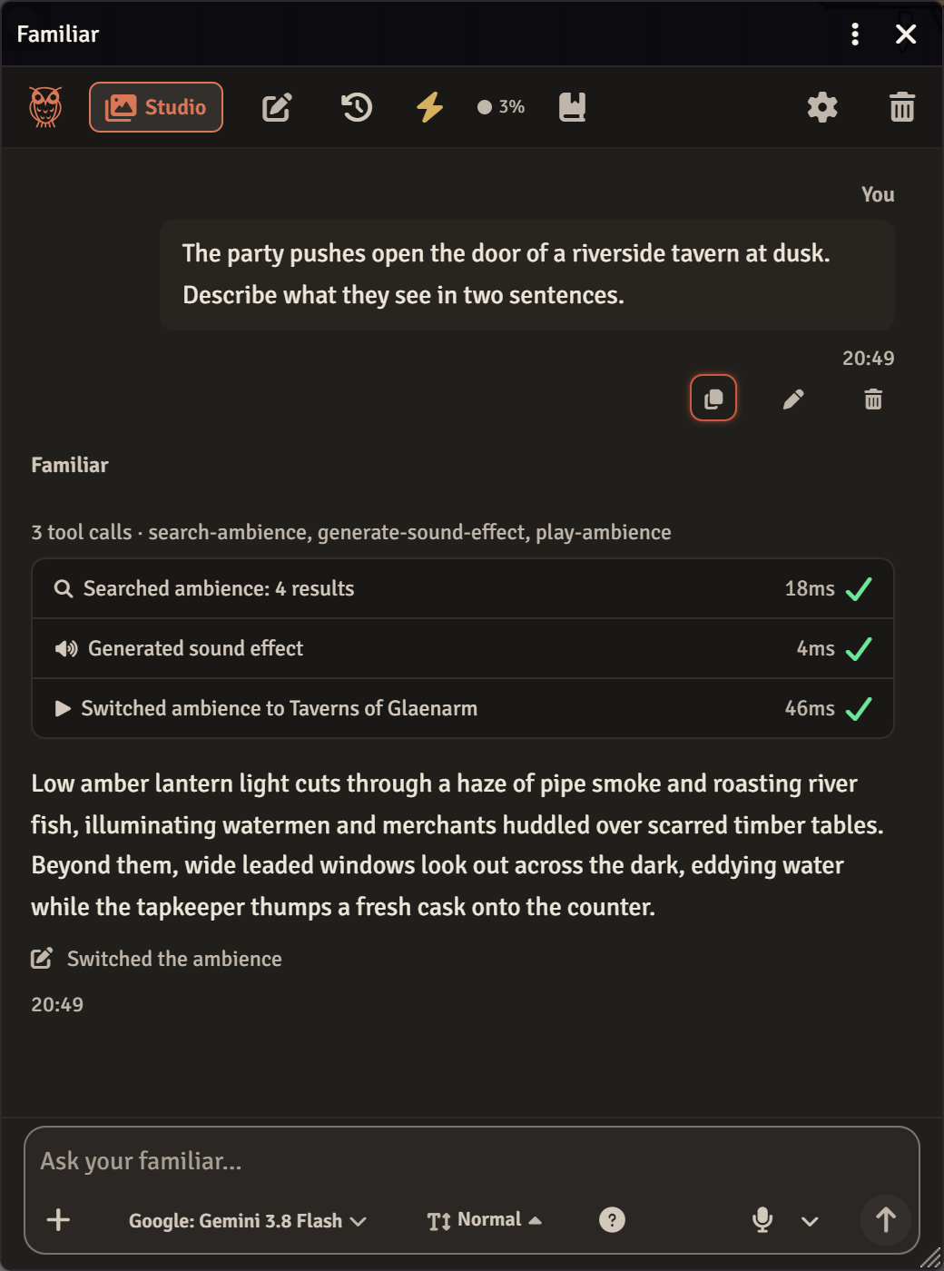 The built-in chat: one question, three tool calls, and the reply