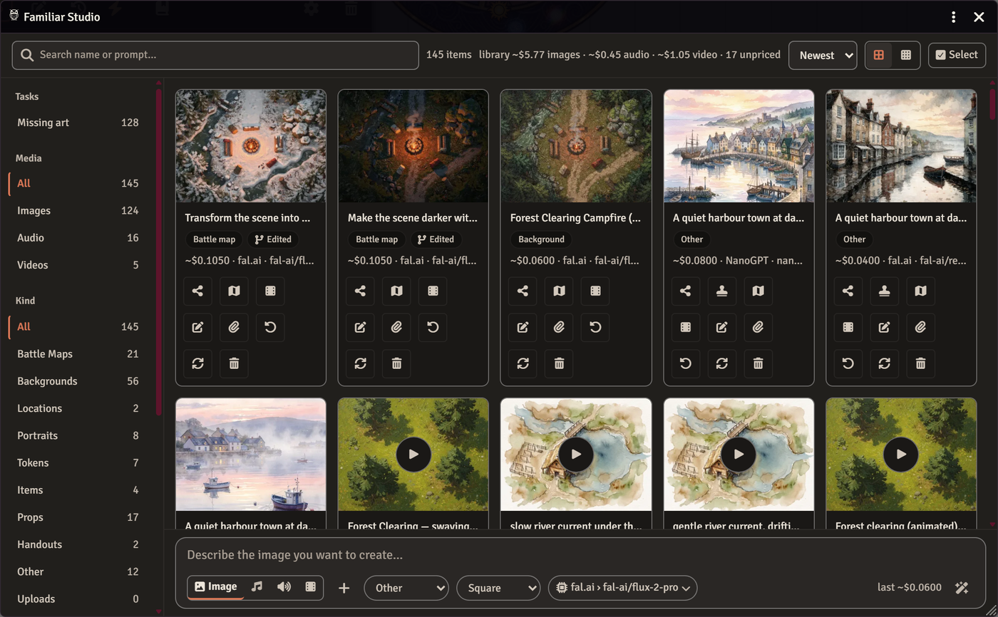 Familiar Studio: every generated image, clip, and track in one window, with the prompt box under the grid