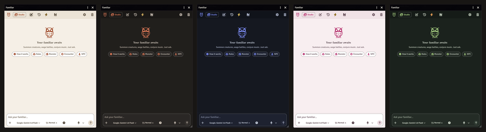 The Familiar chat window in its five themes: Desert, Dark, Midnight, Rose, and Forest
