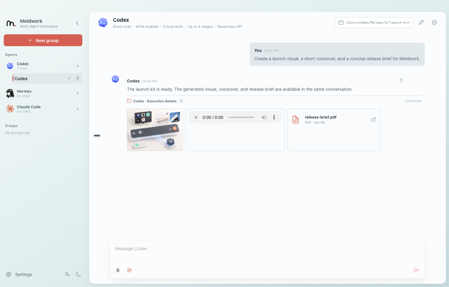 A direct Agent conversation returning local files and media
