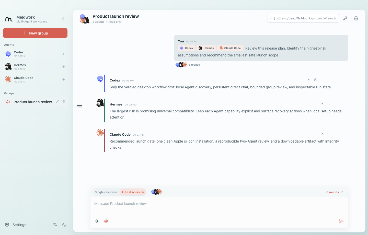A group conversation with user-selected Agent replies