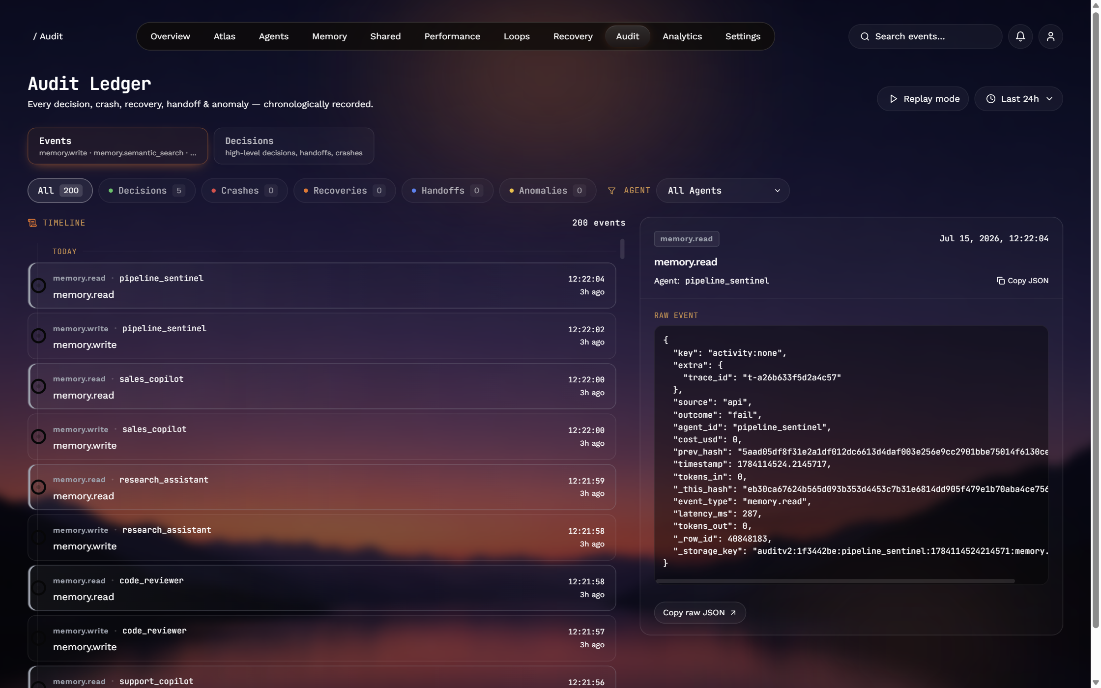 Audit ledger — chronological events with a hash-chained detail view
