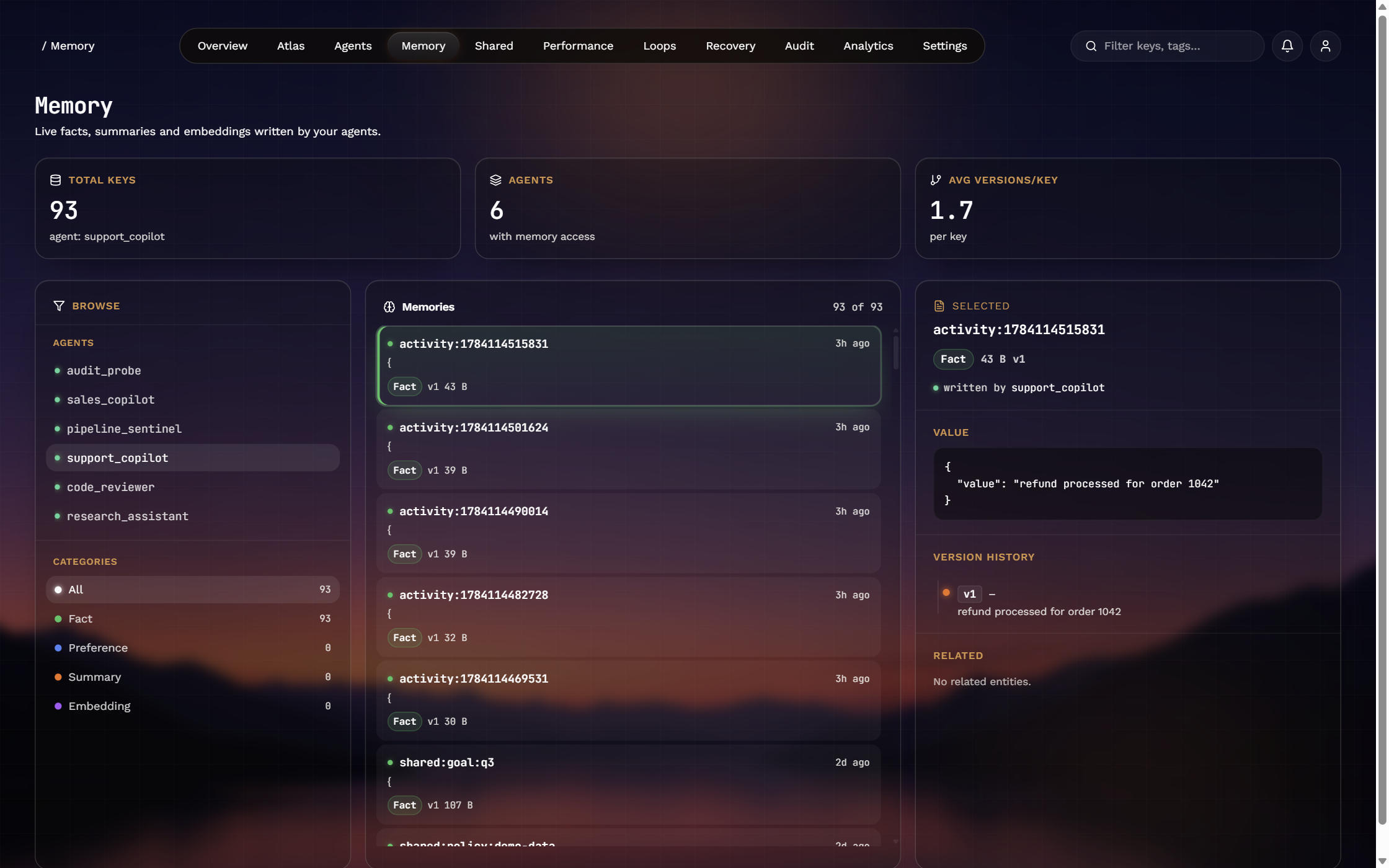 Memory explorer — keys, version history, and per-agent browsing
