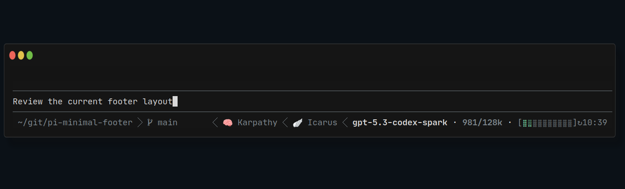 Footer preview: ~/git/project   main        🧠 Karpathy  🪽 Icarus  model · 42/200k · [⣿⣿⣿⣤⠀⠀⠀⠀⠀⠀]↻1d8h