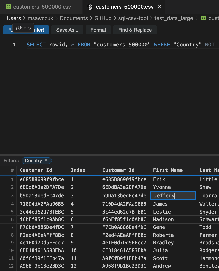 Inline cell editing with save and filter tokens