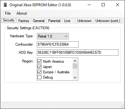 Original Xbox EEPROM Editor - Application Image - Security Settings