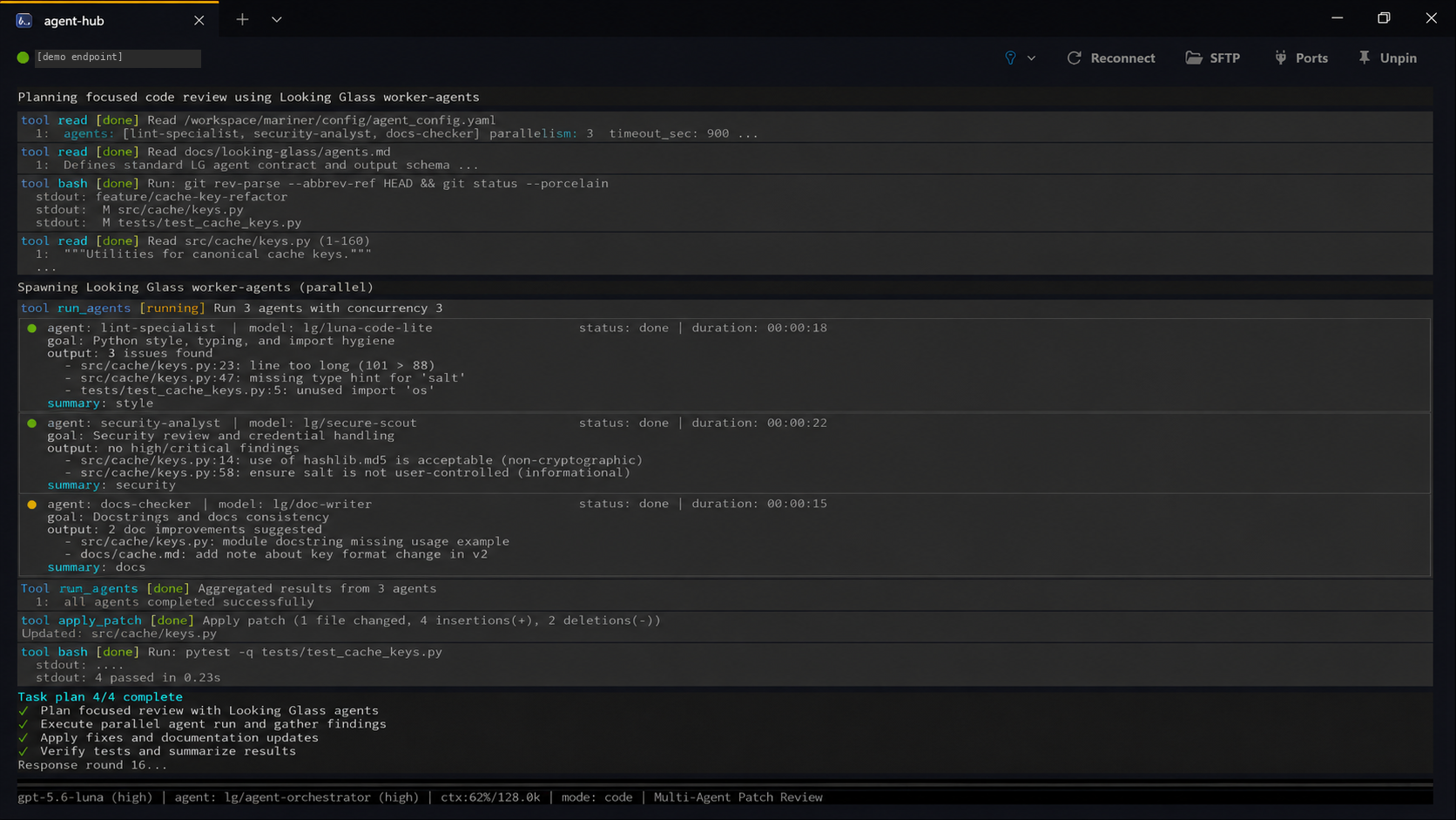 Looking Glass coordinating parallel worker agents and applying reviewed fixes